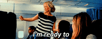 Kristin Wiig saying, &quot;I&#x27;m ready to partayyyy&quot; on the plane in Bridesmaids