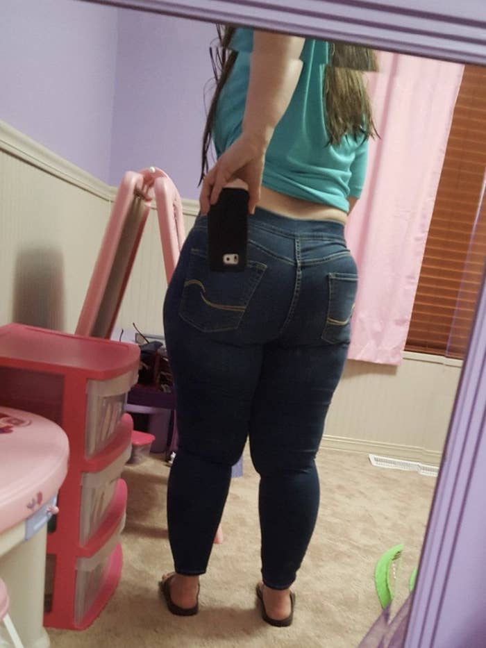 A reviewer&#x27;s photo of her backside in the dark blue pull-on jeans