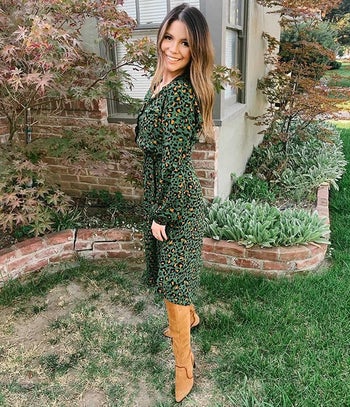 Model wearing the green leopard print dress
