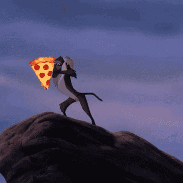GIF cartoon monkey holding up pizza slice