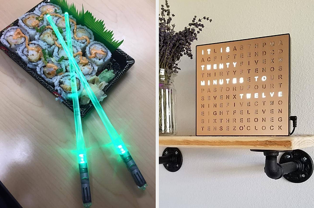A split thumbnail of light up chopsticks and a light up word clock board