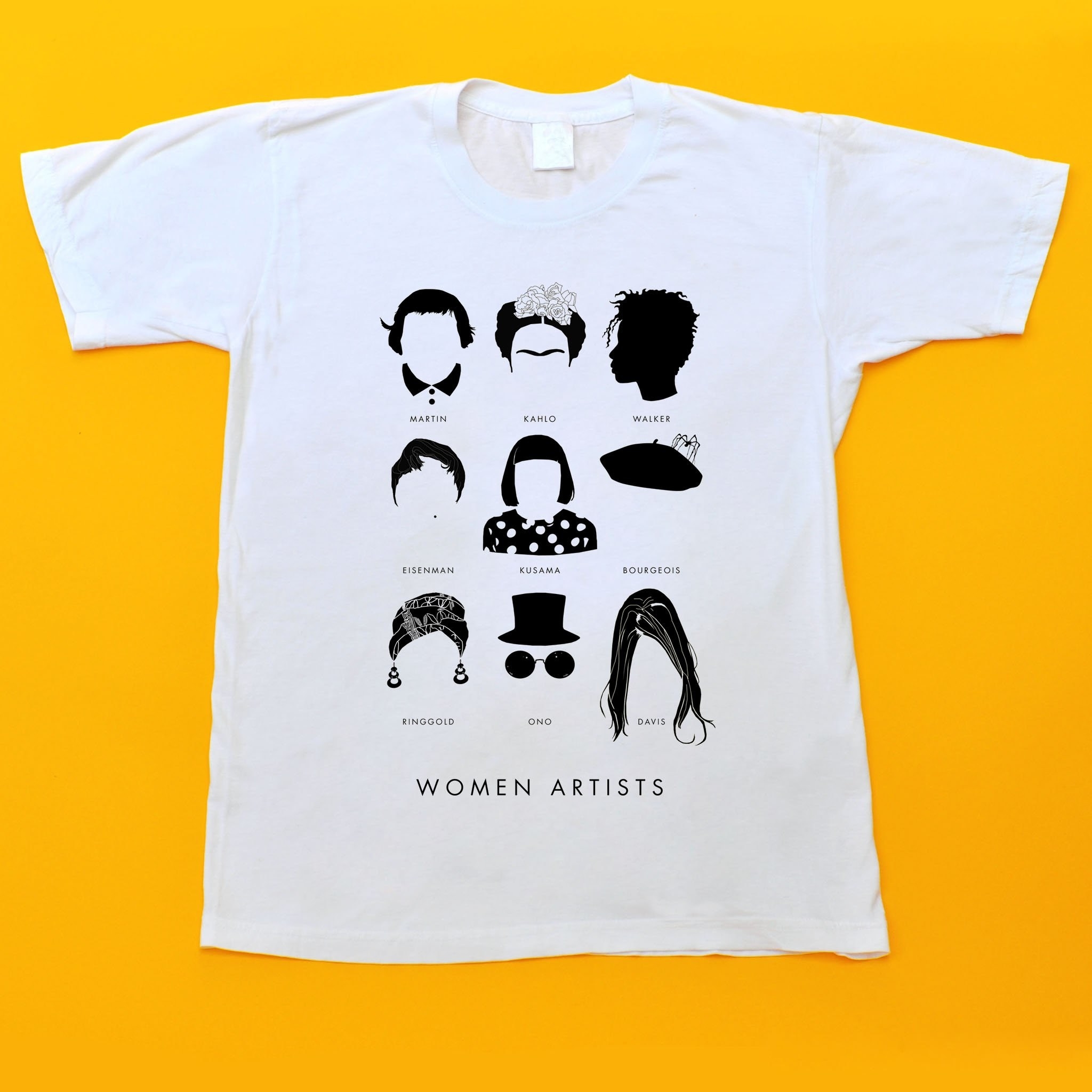 white t-shirt with hairstyles of famous women artists