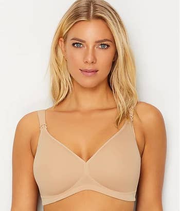 model wearing sand-colored nursing bra