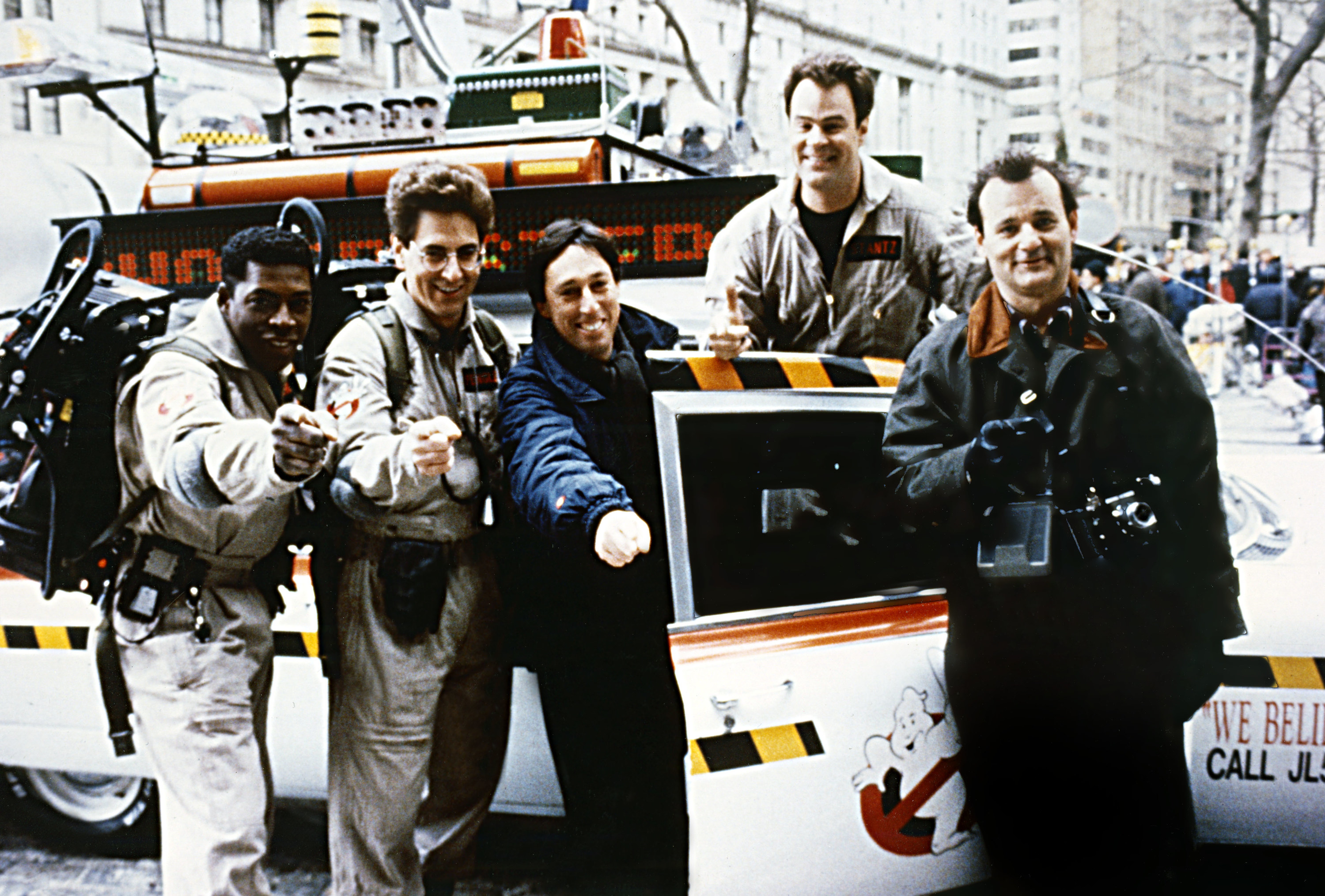 (L-R): Ernie Hudson, Harold Ramis, Ivan Reitman, Dan Aykroyd and Bill Murray on the set of &quot;Ghostbusters II&quot;