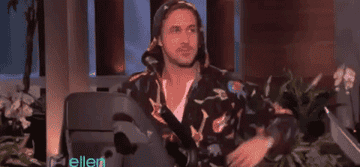 a gif of ryan gosling excitedly wearing pajamas