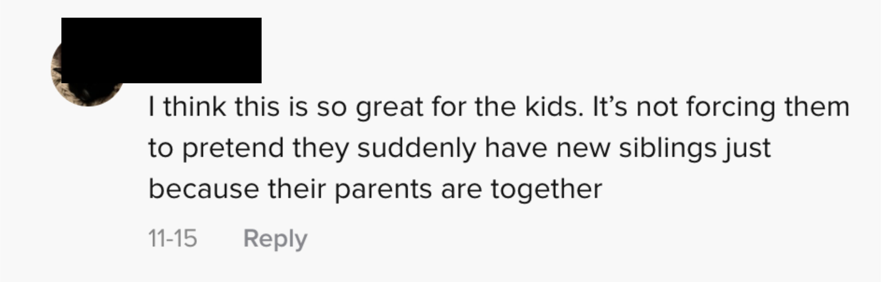 I think this is so great for the kids. It&#x27;s not forcing them to pretend they suddenly have new siblings just because their parents are together
