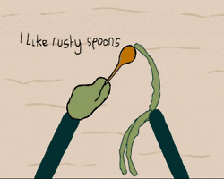 A guy caressing a rusty spoon