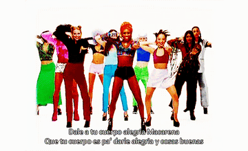GIF of dancers doing the Macarena in the music video