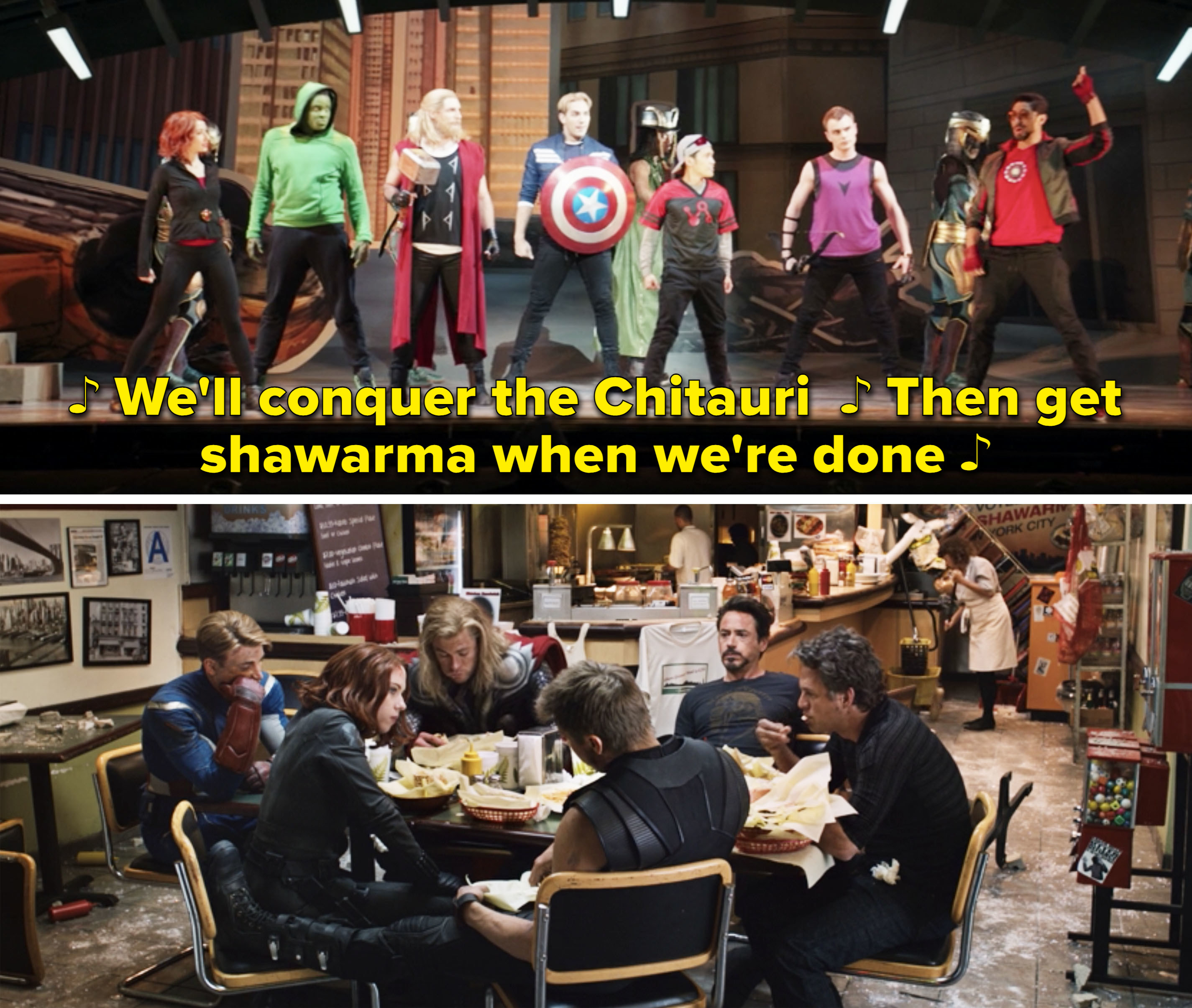 The Rogers The Musical casting singing &quot;We&#x27;ll conquer the Chitauri. Then get shawarma when we&#x27;re done&quot;