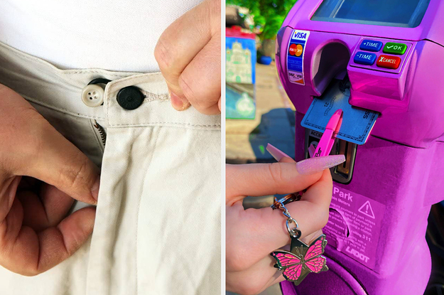 person using button extender to make waistline of pants bigger, person with long fake nails using tweezer keychain to put in and retrieve credit card from a parking meter