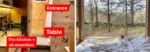 on left the cabin and on right a big window