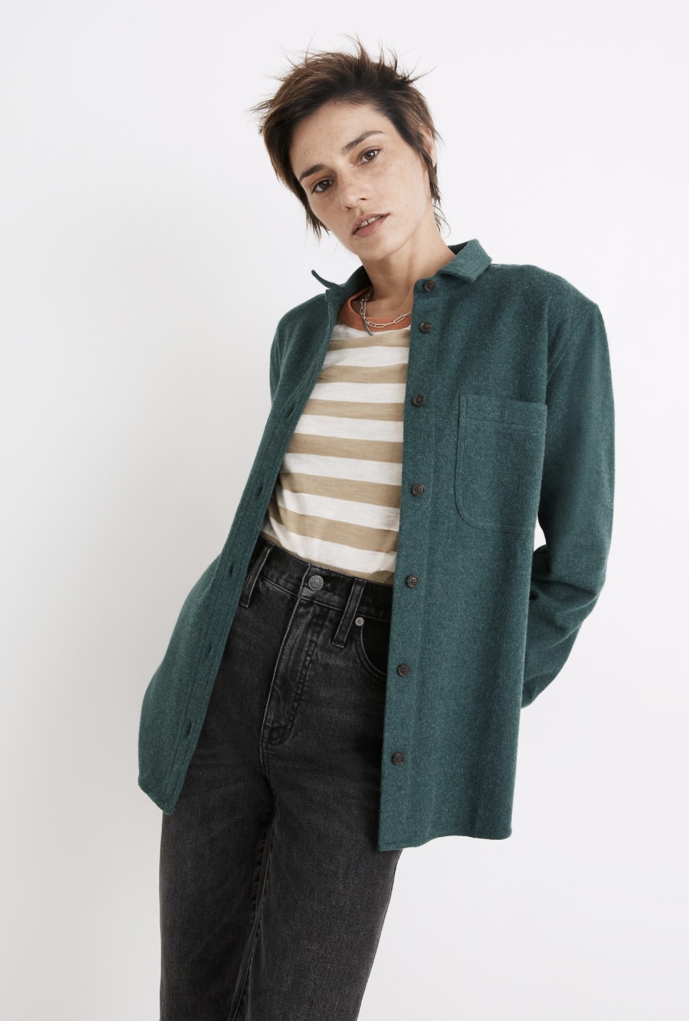 Model wearing the flannel in dark green