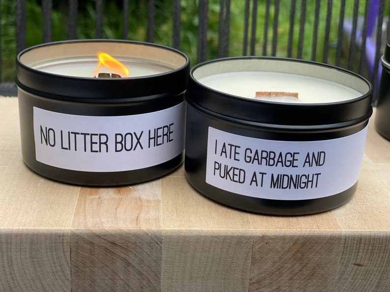 a lit &quot;no litter box here&quot; candle next to an &quot;i ate garbage and puked at midnight&quot; candle