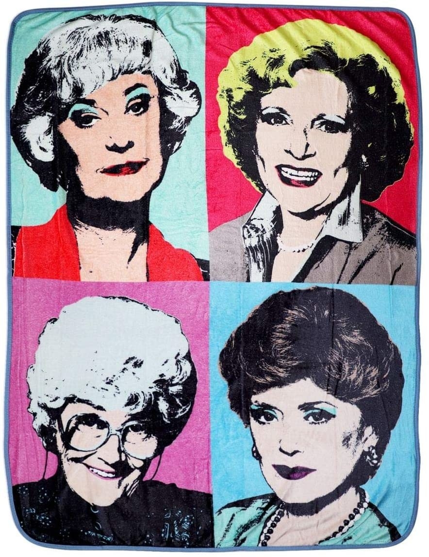 The blanket with all four golden girls styled like a Warhol painting