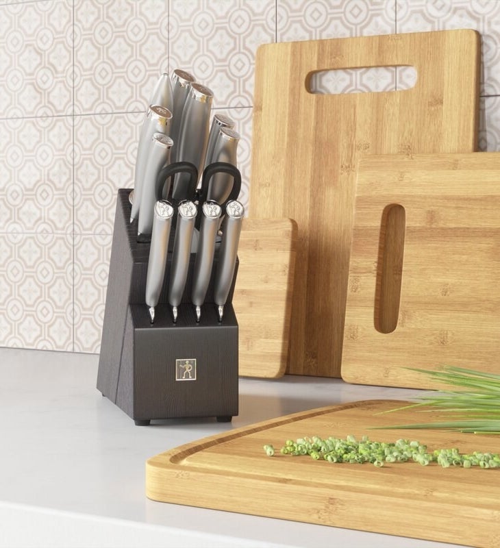 Knife block next to a chopping board