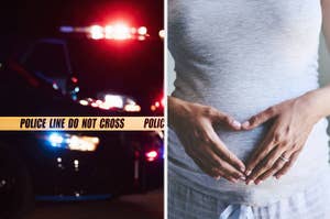 将两张照片的视觉拆分，一侧的警车和另一张孕妇的手在她的肚子上