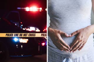 split visual of two photos, police cars on one side and a pregnant woman's hands on her stomach on the other