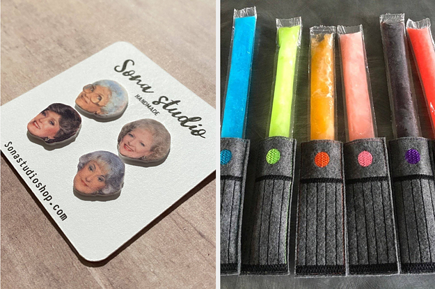 golden girls earrings and lightsaber freezer pop holders