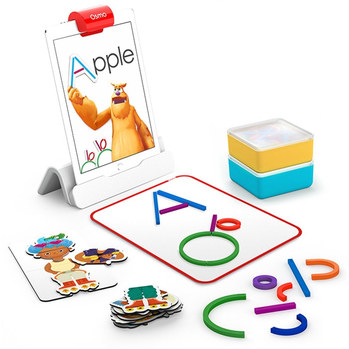 An iPad, puzzles and letters fashioned out of colorful shapes