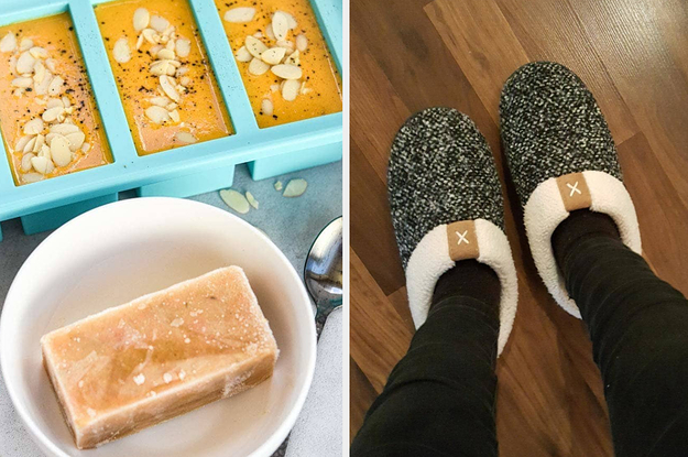 ice cube tray for soup, person wearing house slippers
