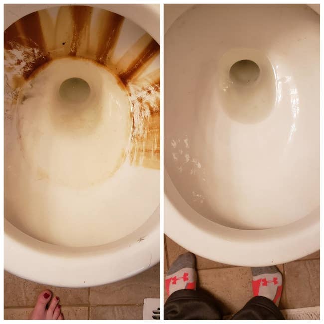 A before/after of a reviewer's toilet showing rust-colored stains being removed