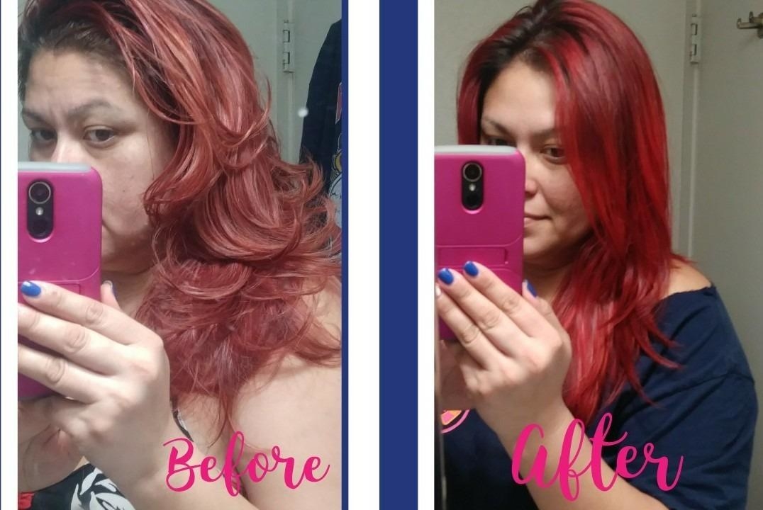 reviewer showing a before picture with dull red hair and an after picture with bright red hair
