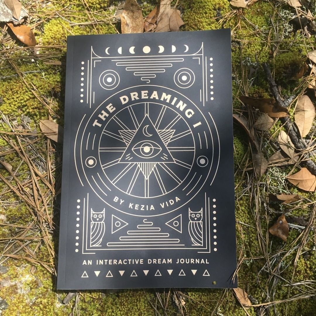 The dream journal resting on a mossy rock surrounded by leaves and twigs