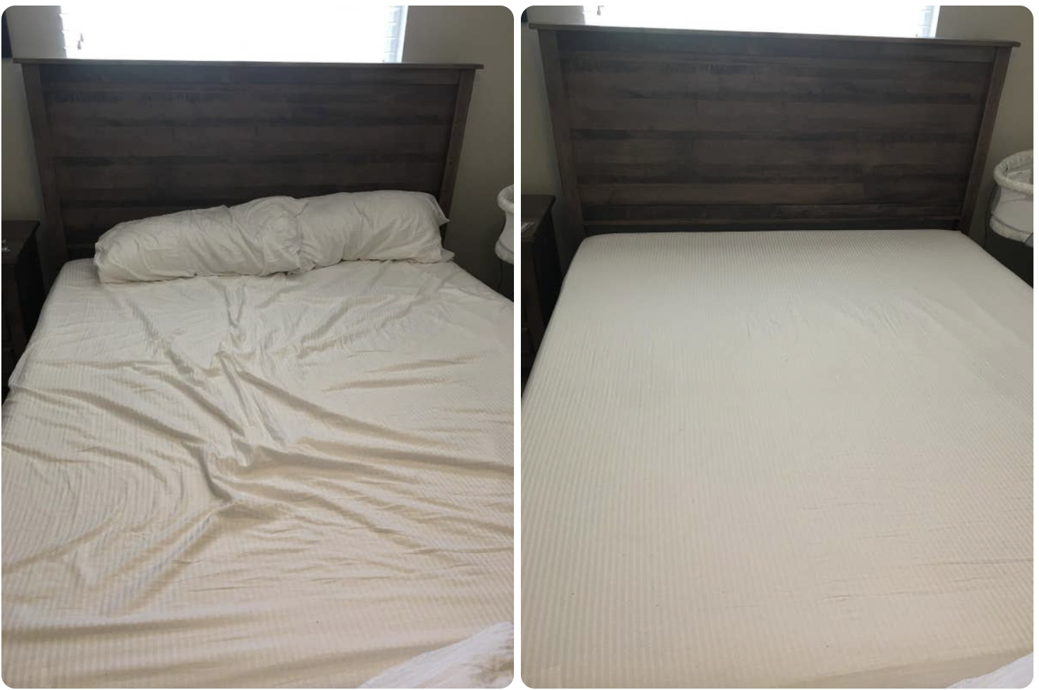 Left: Reviewer&#x27;s loose sheets on a bed / right: the same sheets taught and fitted