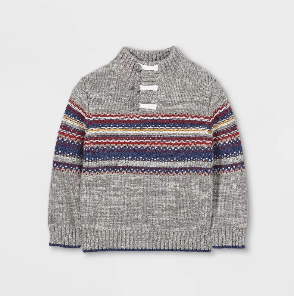 Gray pullover sweater with middle blue and red stripes