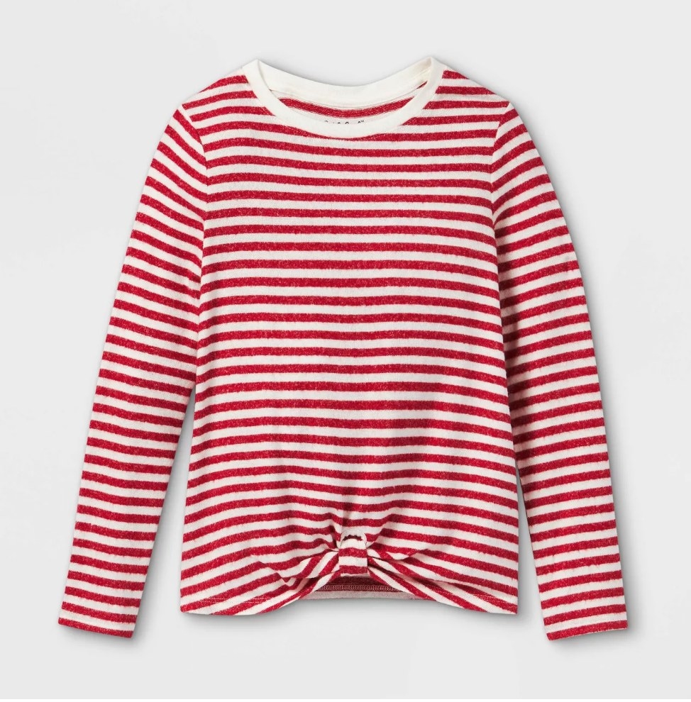 Red and white stripes long-sleeved girls shirt
