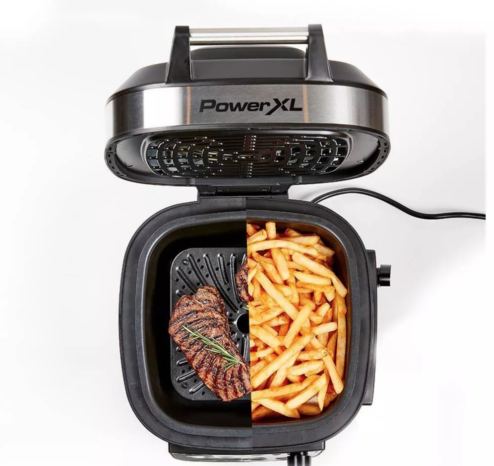 Bird&#x27;s-eye view of air fryer grill: grilled chicken on left side, fries on right side