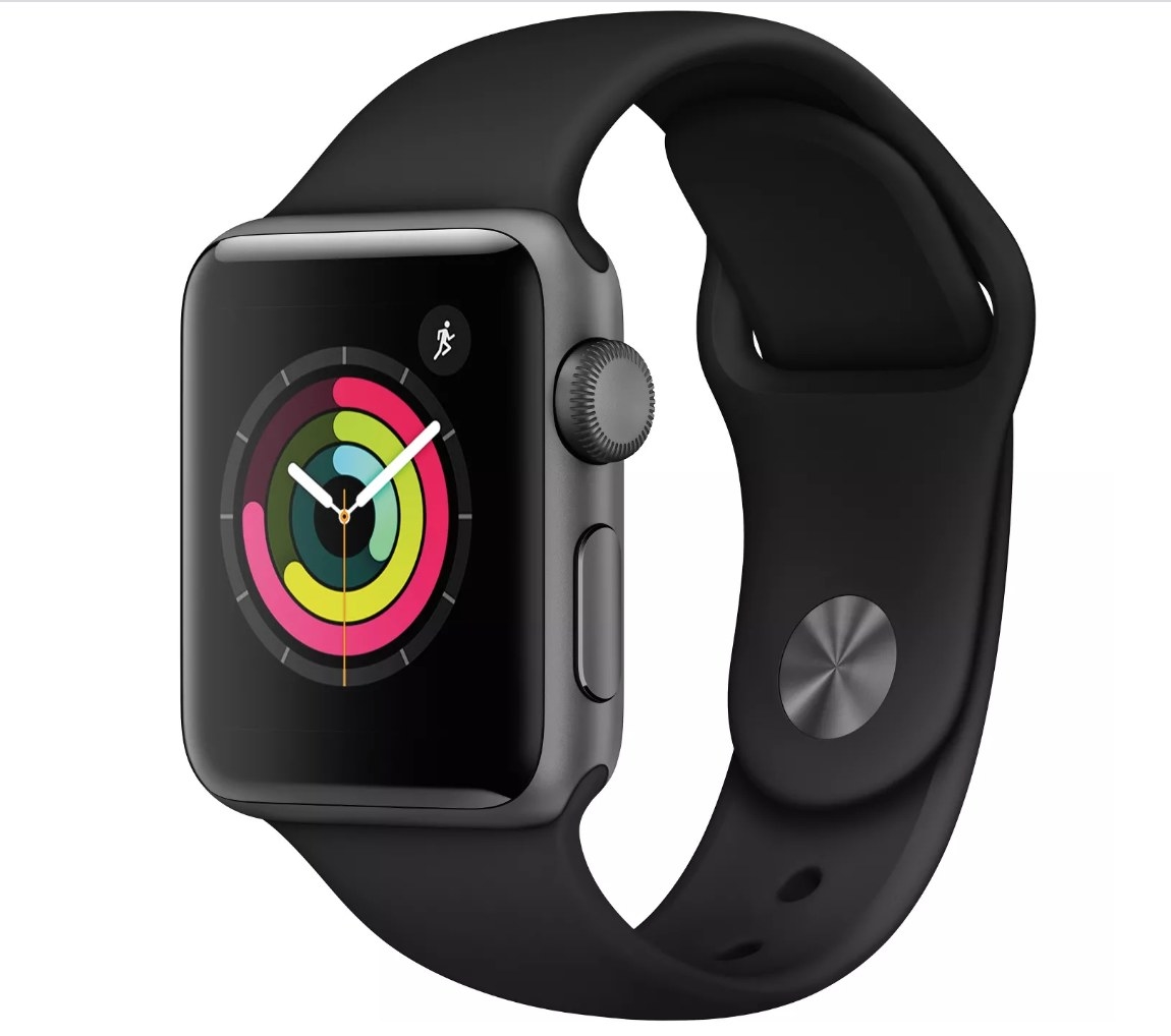 Black Apple Watch with colorful manual clock display onscreen