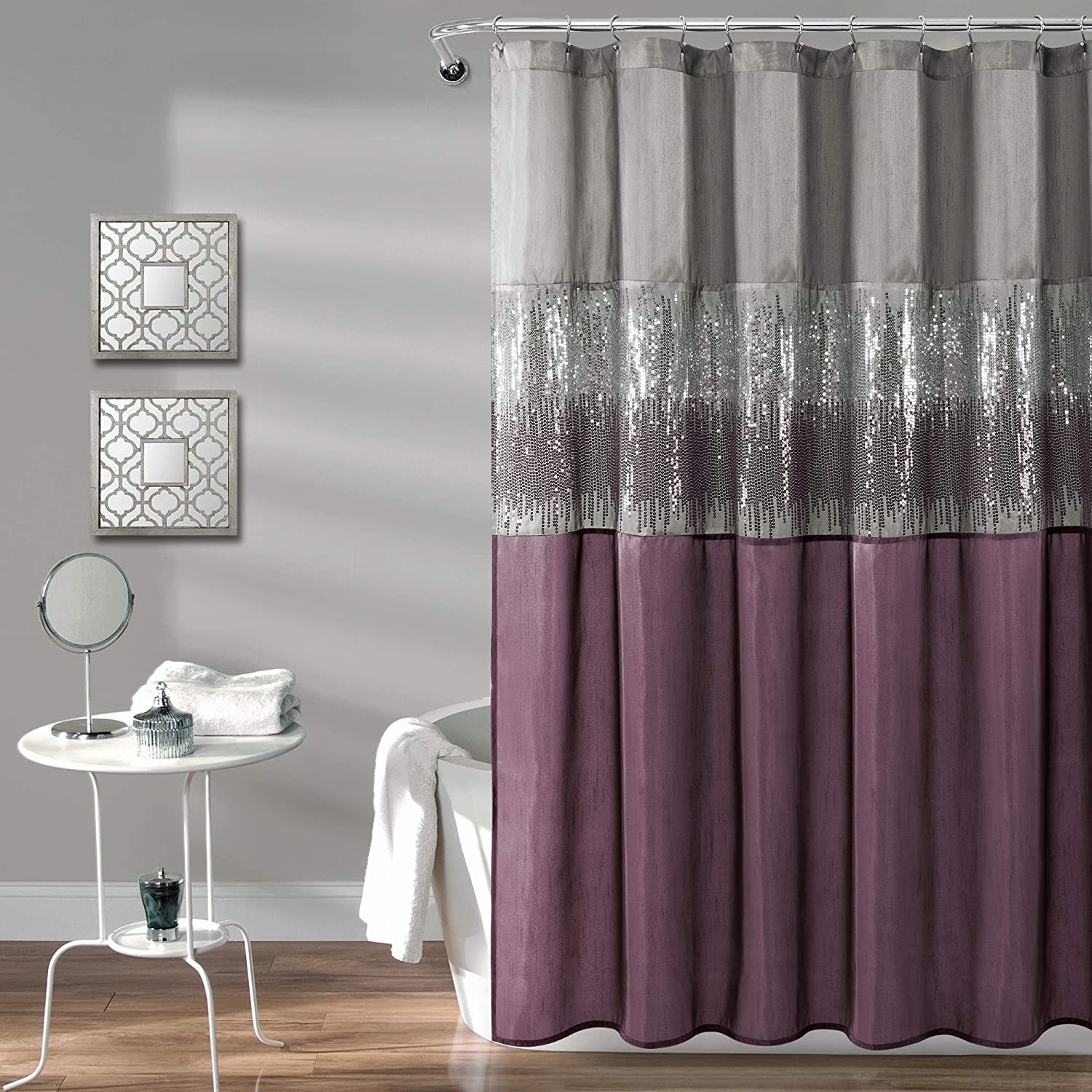 cortina de baño morado y gris