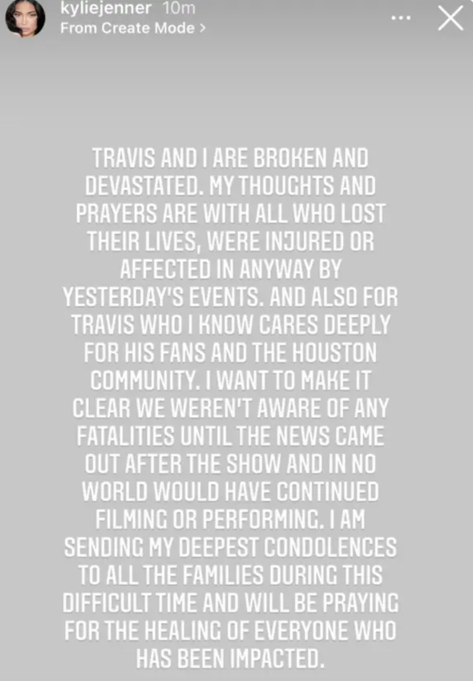 Kylie&#x27;s statement sending condolences and claiming lack of awareness at the time