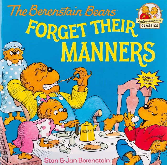 The cover of a blue book featuring a family of bears sitting around the dinner table eating various foods. The mother bear is in the background looking angry.