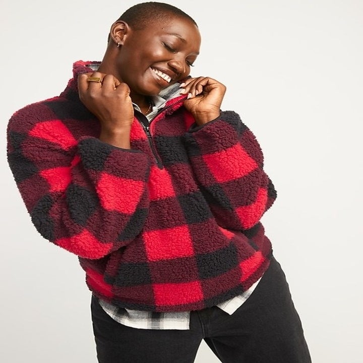 A sherpa lined flannel pullover
