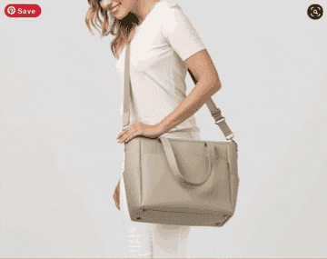 model wearing the tote in different colors across the body, on the shoulder, as a backpack, and as a top handle bag