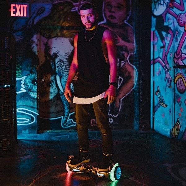 A model on a hoverboard