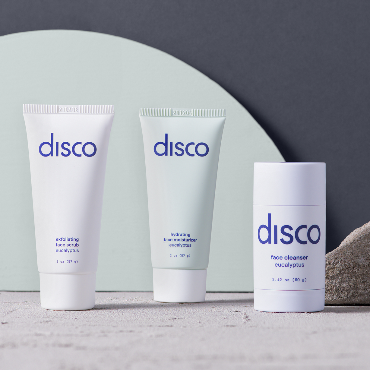 the Disco starter set with a face scrub, face moisturizer, and face cleanser
