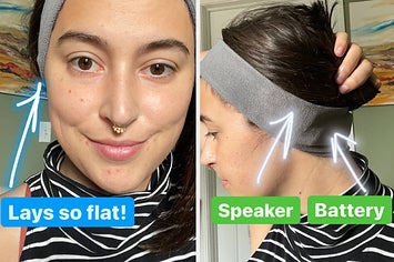 on the left the writer wearing the headphones captioned "lays so flat" on the right the writer wearing the headphones with the speaker and battery labeled