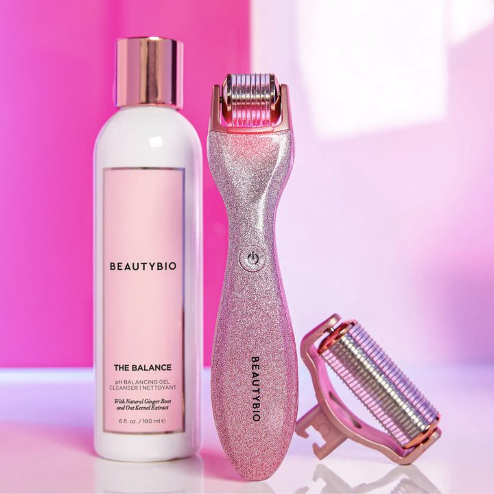 The microneedle roller, an interchangeable head, and the balancing cleanser