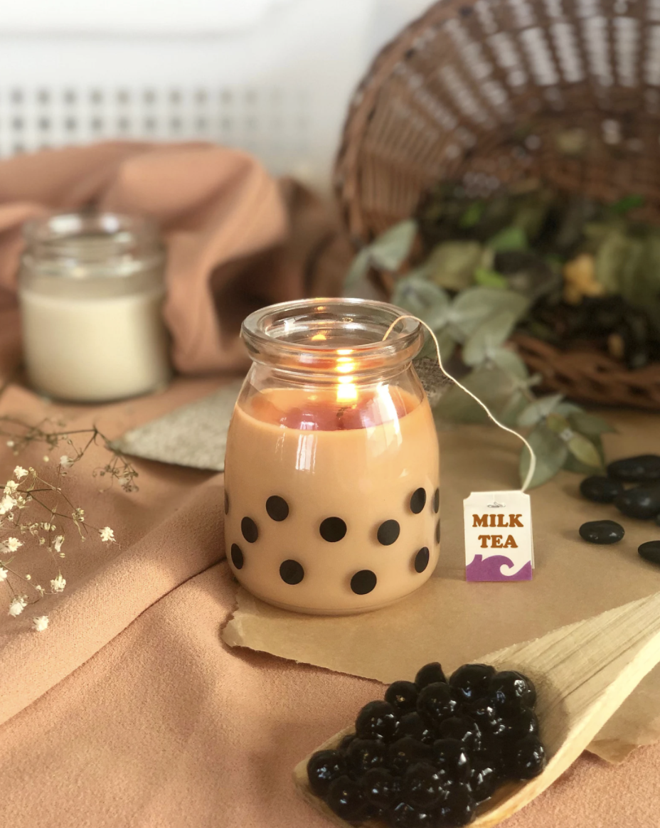 Candle made to look like boba milk tea