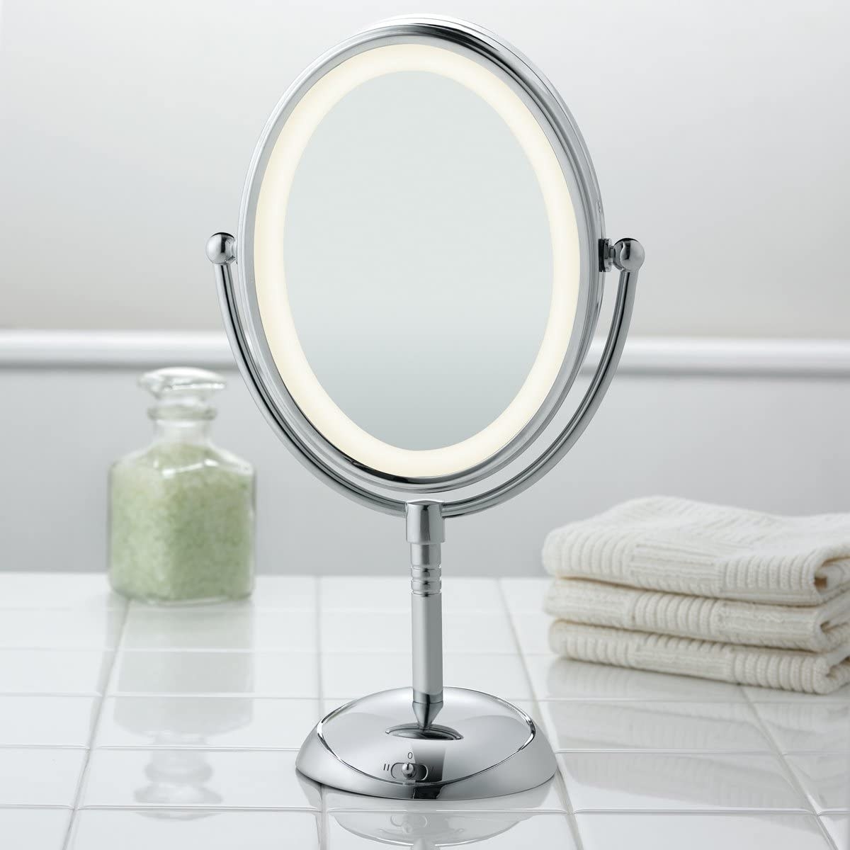 a sleek vanity mirror with built in lighting around the frame