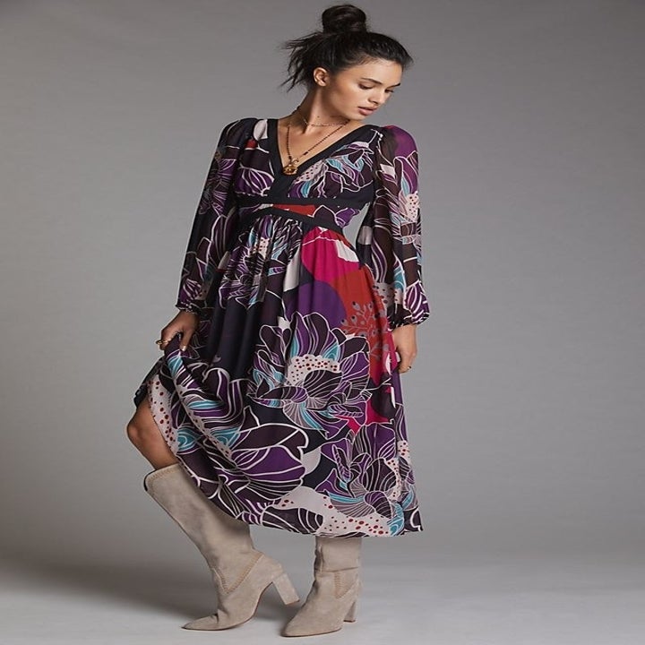 A multicoloured maxi dress with long sleeves in a floral pattern