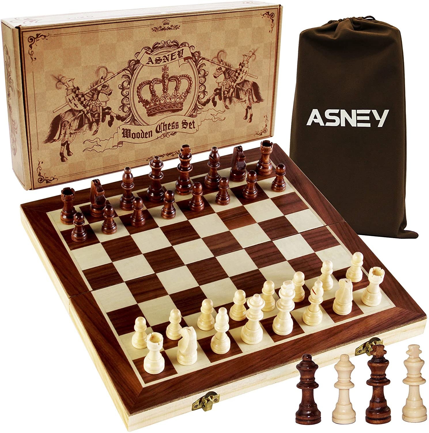 a wooden chess board, hess pieces, storage pouch and box