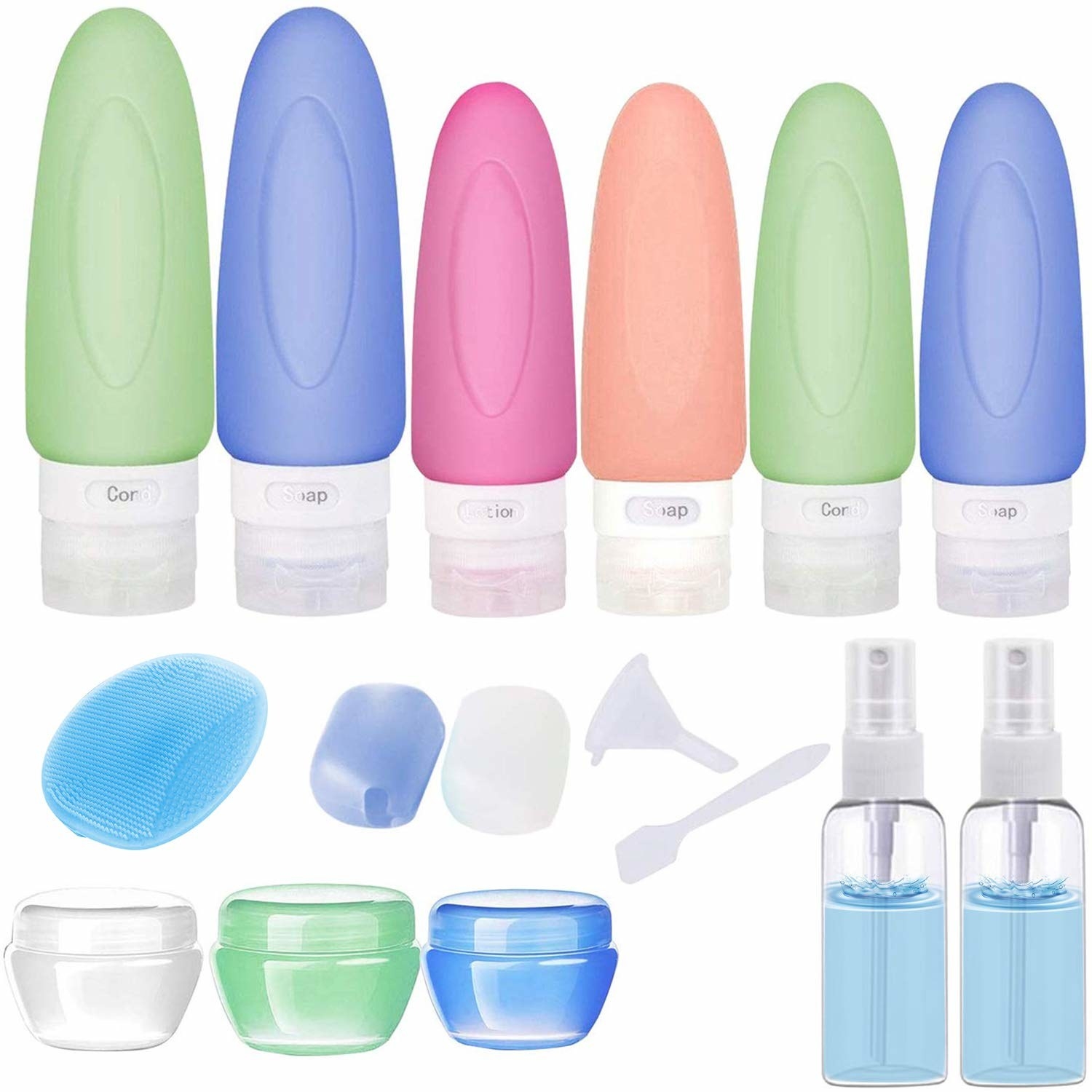 six silicone squirt bottles of different sizes, a silicone scrubber, two toothbrush covers, a funnel, a small spatular, three screw-top jars, and two spray bottles