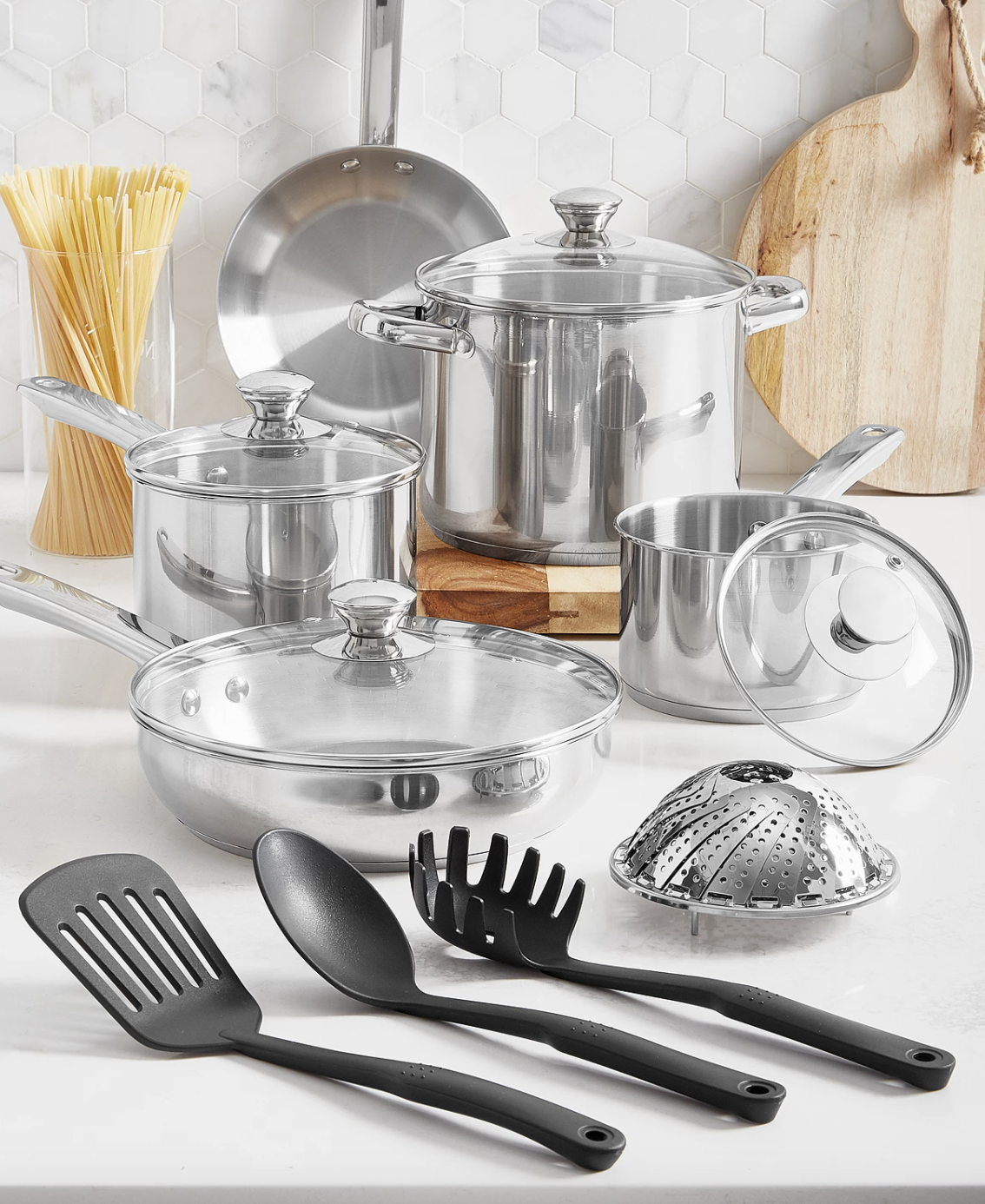 the cookware set styled on a counter showing every piece in the set