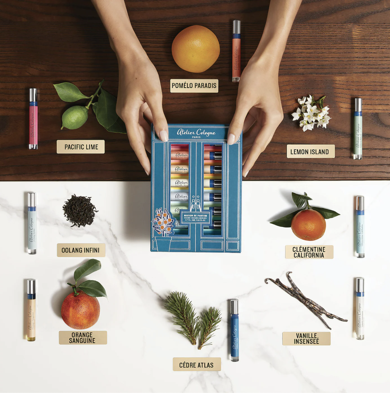 a flatlay of the set of perfumes