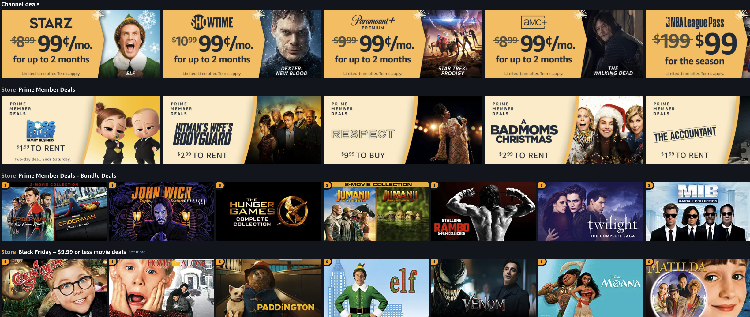 screenshot of the premium add-on options, which include Starz, Showtime, Paramount+, and more