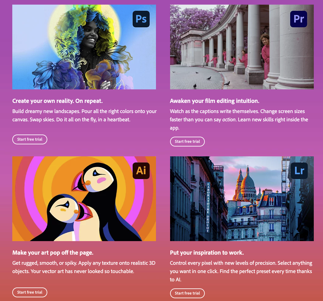 screenshot of Adobe CC programs, including Photoshop, Lightroom, Illustrator, and more